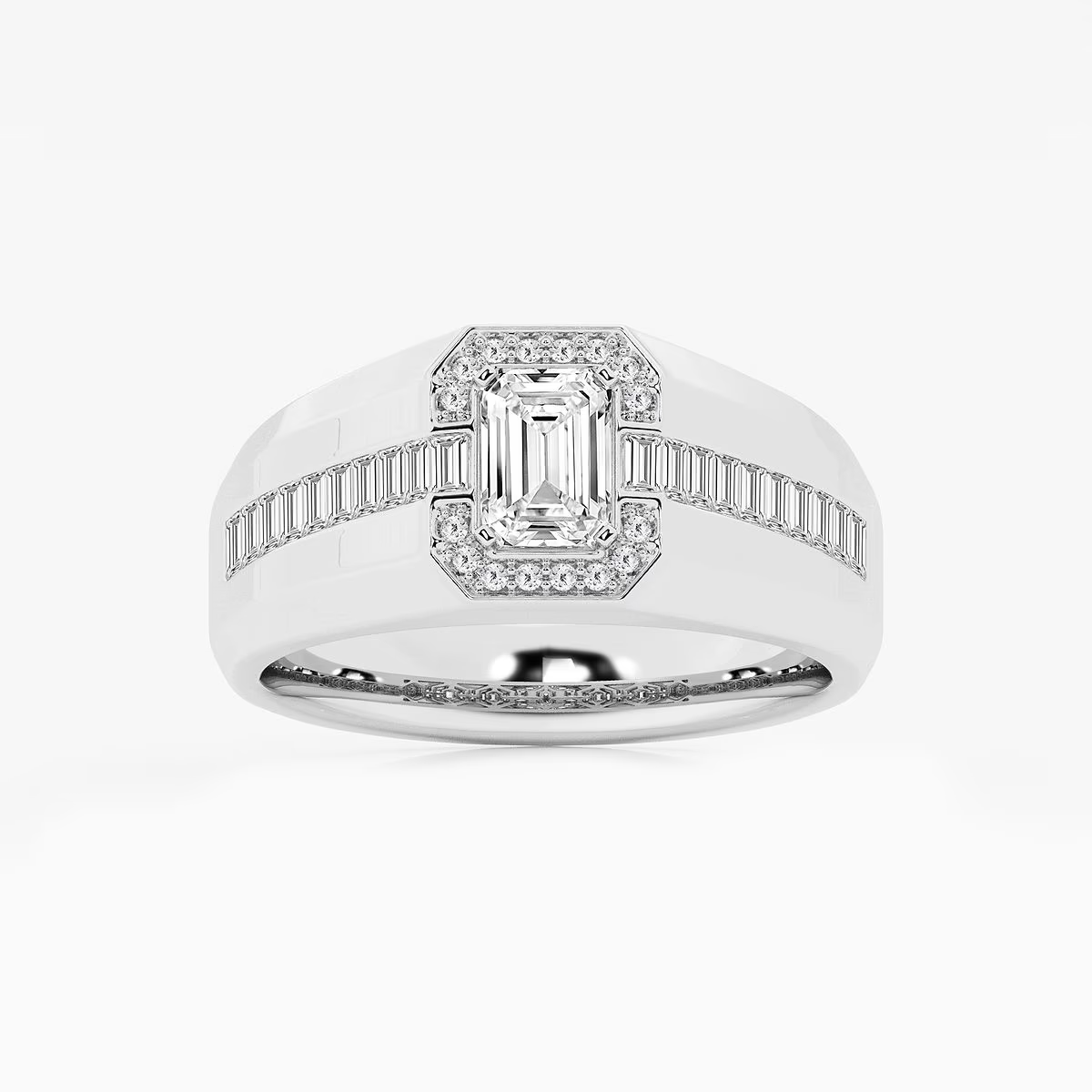 1.5 Ct Emerald Lab Grown Diamond Wide Men's Ring With Round and Baguette Side Stones